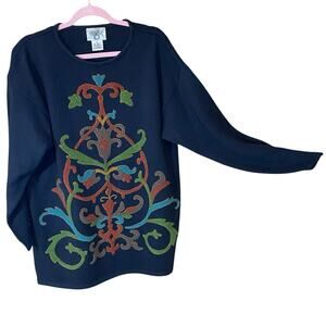 Vintage Cervelle Wool Blend Sweater Black Crewel Embroidery Boho Large artsy